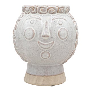 Geometric Modernist Light Grey Stoneware Face Vase For Sale
