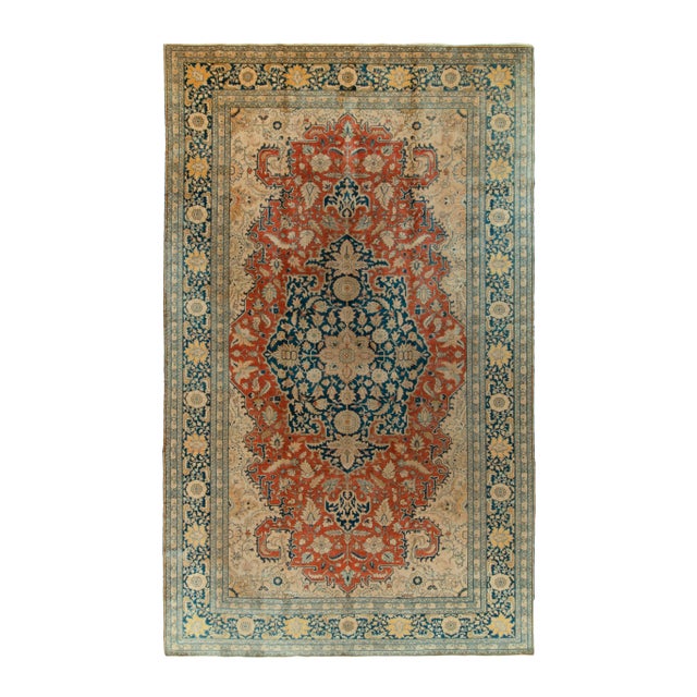 Textile Antique Tabriz Rug in Orange, Blue, Beige Floral Medallion Pattern For Sale - Image 7 of 7