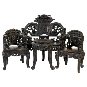 Chinese Carved Wood Living Room Set, 1930s, Set of 4