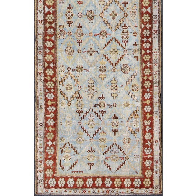 Tribal Ox Red and Ice Blue Antique Persian Malayer Runner With All-Over Geometrics 3'3 X 13'2 For Sale - Image 3 of 11