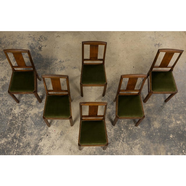 Art Deco 1930s French Art Deco Maple Dining Chairs W/ Olive Green Velvet - Set of 6 For Sale - Image 3 of 18