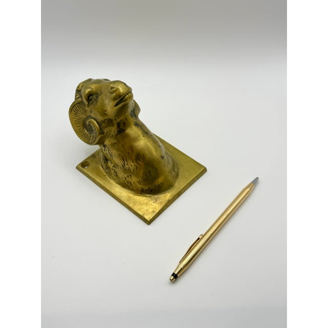 English Vintage Solid Brass Ram Head Wall Mount | Hollywood Regency Animal Bust Decor For Sale - Image 3 of 7