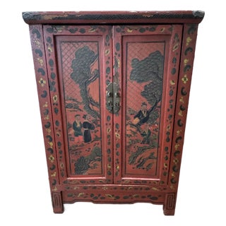 Mid 19th Century Qing Dynasty Shanxi Red Lacquer Painted Wedding Cabinet, Elm, Fully Decorated Back For Sale