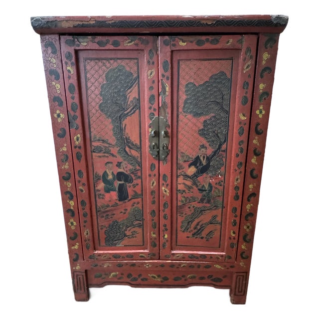 Mid 19th Century Qing Dynasty Shanxi Red Lacquer Painted Wedding Cabinet, Elm, Fully Decorated Back For Sale