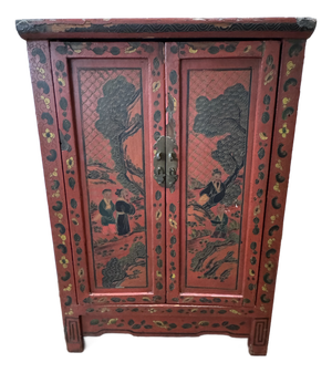 Mid 19th Century Qing Dynasty Shanxi Red Lacquer Painted Wedding Cabinet, Elm, Fully Decorated Back