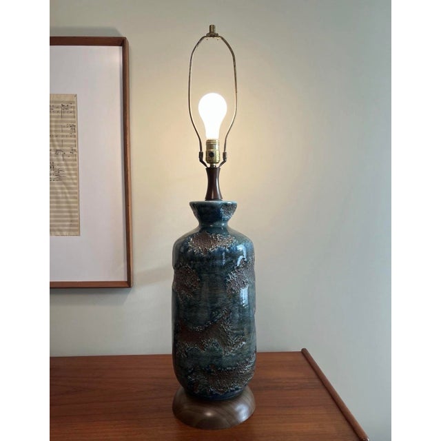 Ceramic Vintage Mid Century Modern Brutalist 1960s Blue Ceramic Lava Glaze Table Lamp For Sale - Image 7 of 12