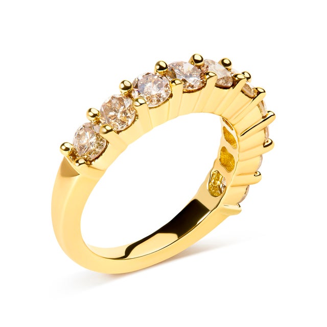 Contemporary 14K Yellow Gold Plated .925 Sterling Silver 2.0 Cttw Round Brilliant Cut Diamond 10 Stone Anniversary Band Ring (J-K Color, I1-I2 Clarity) - Size 6 For Sale - Image 3 of 6