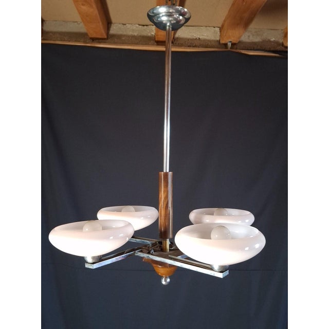 Metal Art Deco Chandelier in Chrome and Pink Opaline Glass, 1950s For Sale - Image 7 of 9
