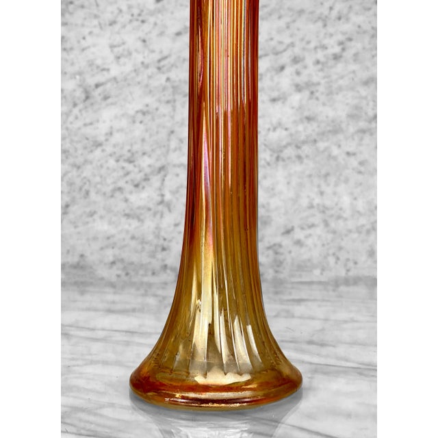 Mid 20th Century Mid-Century Large Marigold Orange Iridescent Carnival Art Glass Swung Vase For Sale - Image 5 of 7