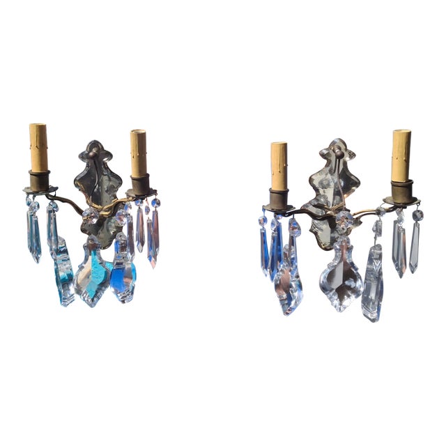 C1900 French Louis XV Bronze Mirror Back Thick Crystal Pendalogue Sconces Signed Ef Caldwell a - Pair For Sale