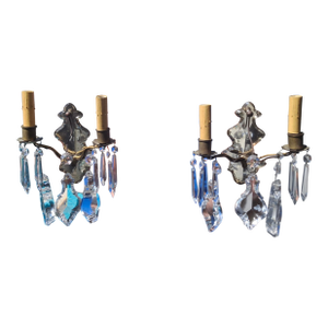 C1900 French Louis XV Bronze Mirror Back Thick Crystal Pendalogue Sconces Signed Ef Caldwell a - Pair