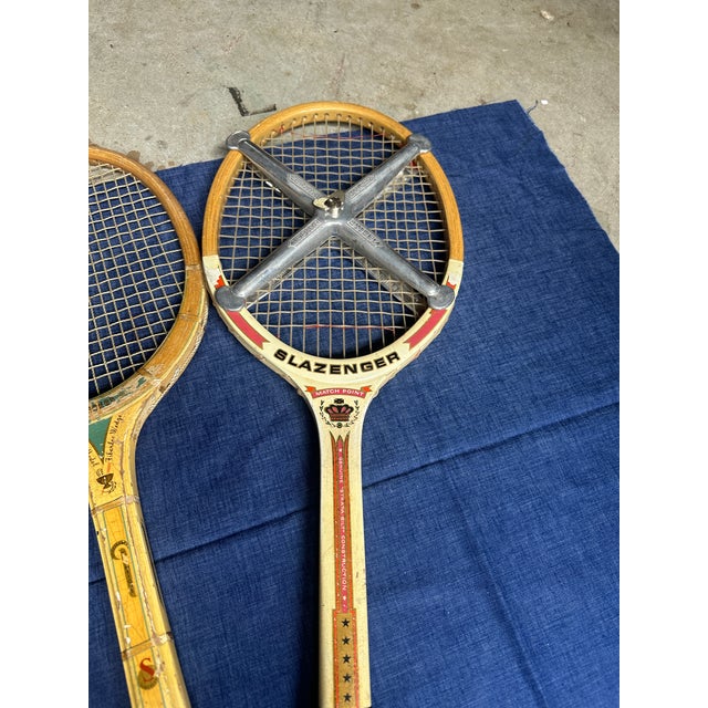 Vintage Collection of Spalding and Slazenger Wooden Tennis Rackets With Clamp For Sale - Image 4 of 7