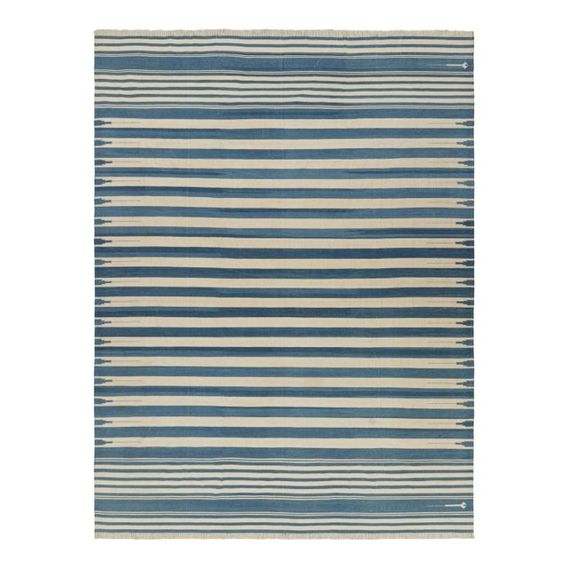 Rug & Kilim’s Contemporary Dhurrie Rug in Blue and Cream White Stripes For Sale