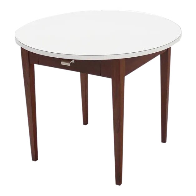 Vintage Mid Century Oiled Walnut Base Round Laminated Top Side Table For Sale