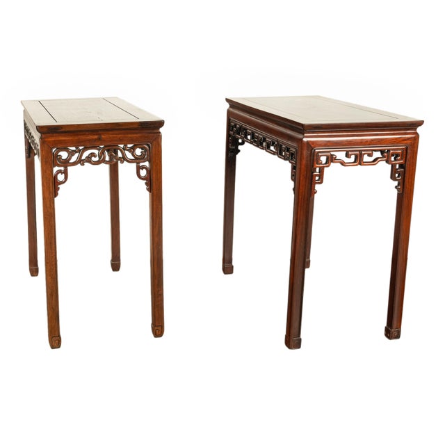 Mid 19th Century Pair Antique Chinese Export Qing Dynasty Elm Rosewood Carved Side Serving Altar Tables 1860 For Sale - Image 5 of 12