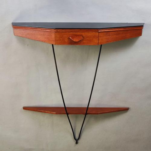 Wall-Mounted Console Table with Drawer in Mahogany and Black Glass, 1960s For Sale - Image 3 of 8