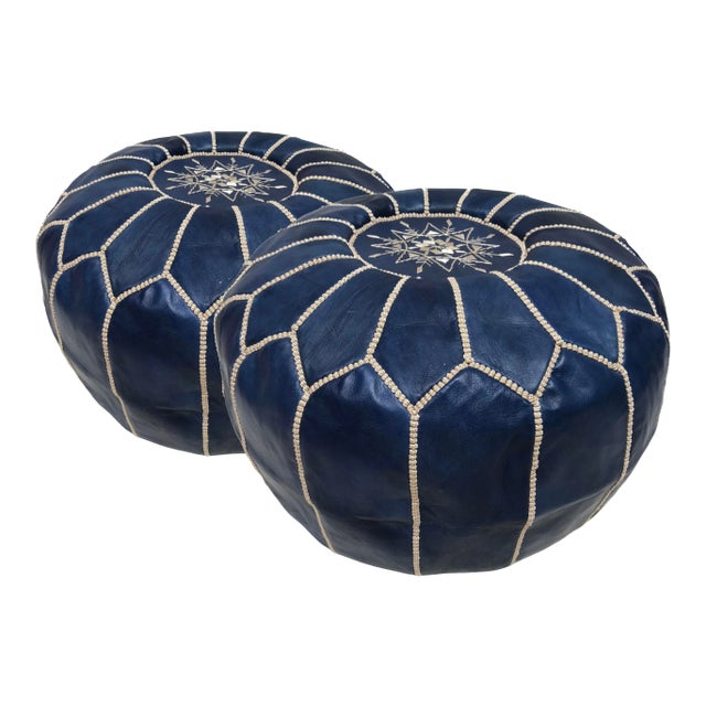 Moroccan Blue Leather Pouf Covers - a Pair For Sale