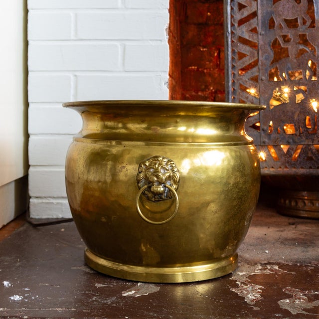 Brass Plated Lions Heads Firewood Holder or Large Planter For Sale - Image 6 of 13