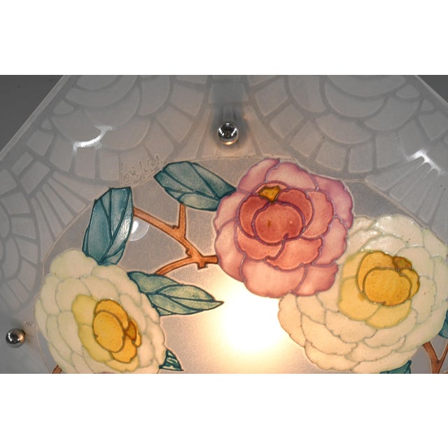 Loys Lucha French Art Deco Pendant Light 1930s - Octagonal Pink Rose Enameled Shade For Sale - Image 11 of 16