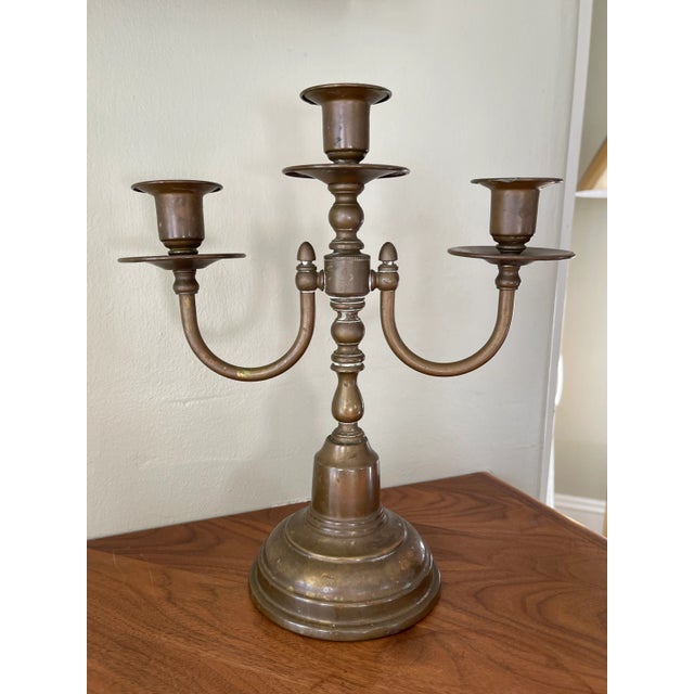 Brass Antique Brass 3-Arm Candelabra For Sale - Image 8 of 8