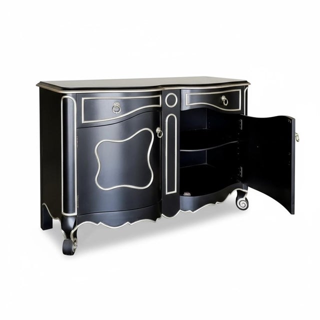 Late 20th-C. Modern French Louis XV Style Cabinet Black & Silver Gilt, Pair Available For Sale - Image 10 of 13