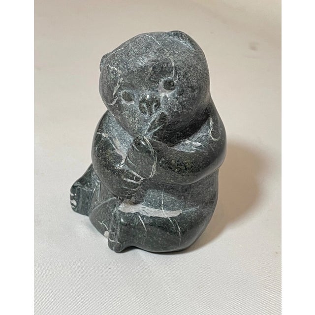 Vintage Hand Carved Soapstone Canada Bear Eating Eskimo Art Sculpture Inuit For Sale - Image 4 of 10