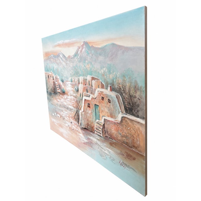 Rustic Late 20th Century Large Signed Southwestern Adobe Village Landscape Painting on Canvas For Sale - Image 3 of 11