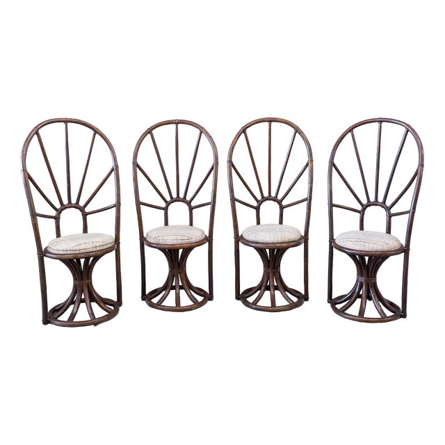 Bamboo Dining Chairs with High Curved Backrest, France, 1960s, Set of 4 For Sale