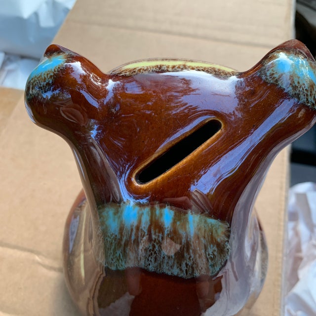 1957 Mid Century Hull Brown and Turquoise Drip Glaze Ceramic Piggy Bank
