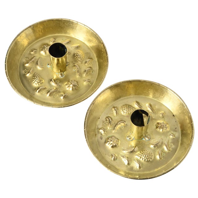 Swedish Hand-Crafted Brass Candleholders, Set of 2 For Sale