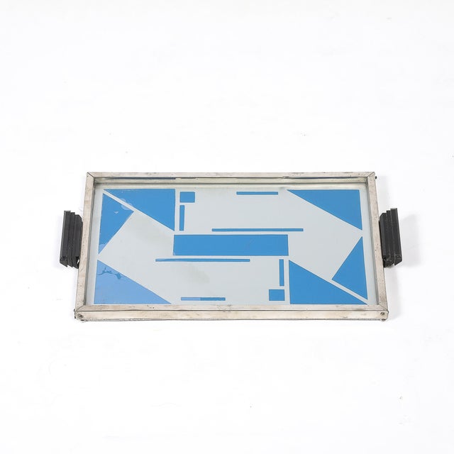 Art Deco Reverse Eglomise Blue & White Geometric Motif in Nickel & Bakelite Tray For Sale - Image 11 of 12