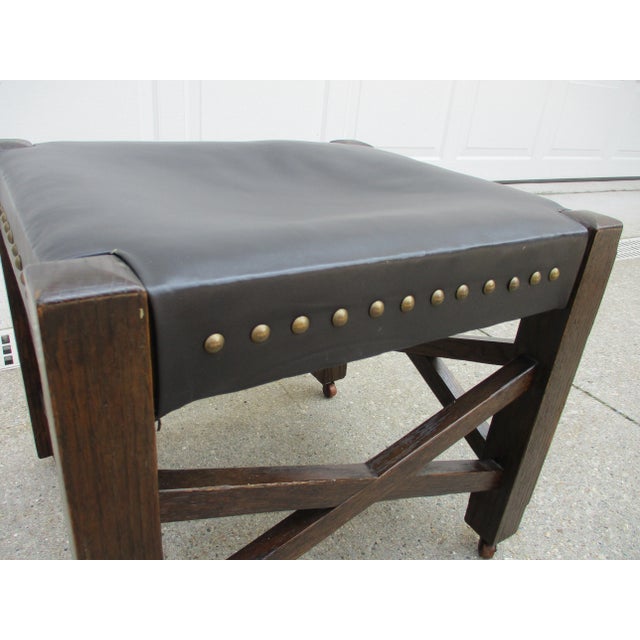 Wood Mission Arts & Crafts Style Black Leather Footstool on Wooden Casters For Sale - Image 7 of 11