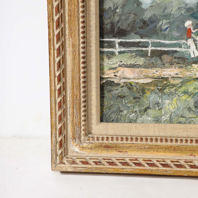 Textile Expressionist Mid-Century Landscape of Cyclists in Oil on Canvas For Sale - Image 7 of 12