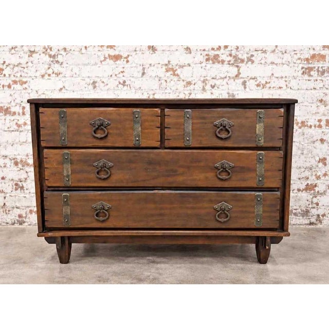 Vintage MCM Asian Inspired 3 Drawer Solid Wood Dresser with Ornate Brass Detailing Condition - Used / Good Great condition...