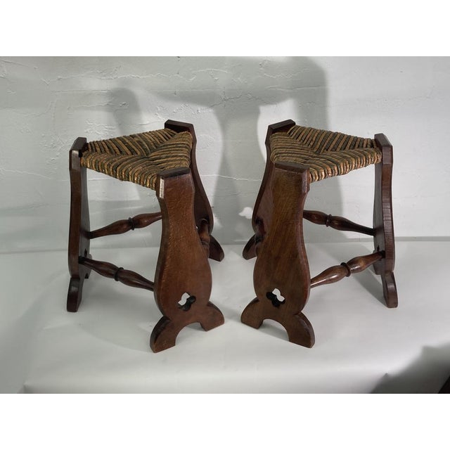 Set of Brutalist Neo Gothic Rush Oak Tripod Stools, France, 1960s For Sale - Image 16 of 18