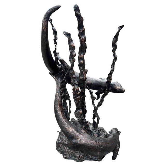 Bronzed Metal Swimming Otters in Kelp Garden Fountain Sculpture For Sale - Image 4 of 16