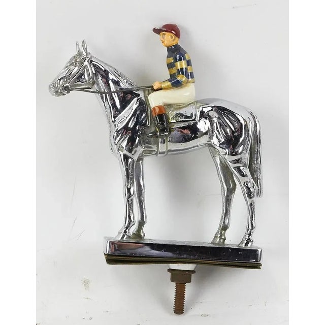 Late 20th Century Late 20th Century Louis Lejeune Ltd. Windsor, Standing Thoroughbred With Jockey Large Chrome Car Mascot With Hand-Enamel Painted Jockey Silk Colours For Sale - Image 5 of 7