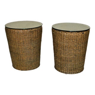 Rattan Drum Style Side Tables With Glass Top - a Pair For Sale