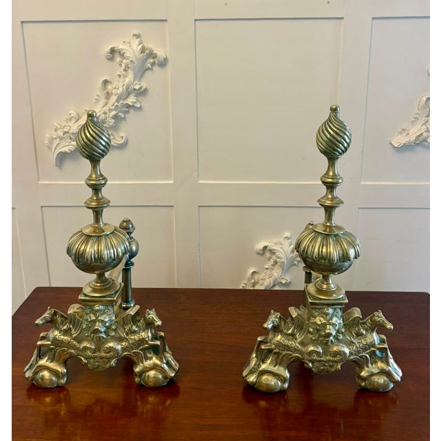 Large Antique Victorian Ornate Brass Fire Dogs and Andirons, 1880, Set of 2 For Sale - Image 14 of 14