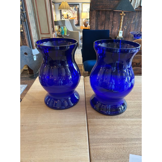 Large Striking Cobalt Blue Glass Candle Hurricanes or Vases- A Pair For Sale - Image 4 of 7