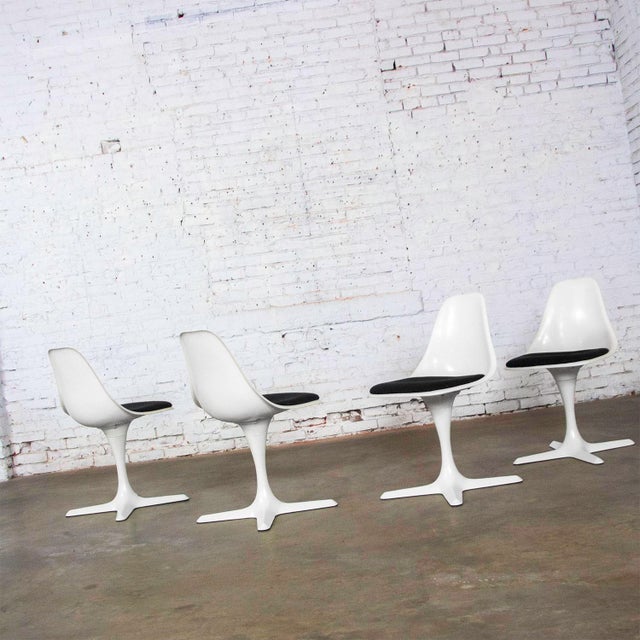 Mid-20th Century MCM Burke Tulip Side Chairs No 103 White Shell Black Cushions Oval Stationary 4 Prong Base Set of 4 For Sale - Image 17 of 18