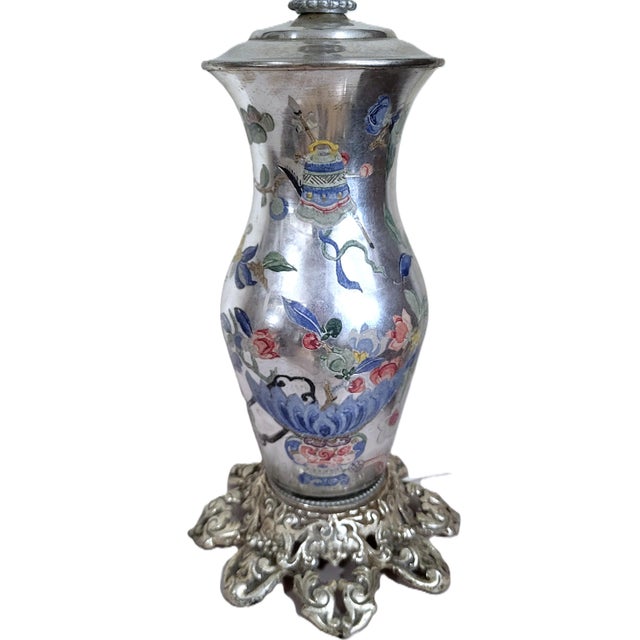 Chinoiserie Antique Asian Reverse Painted Mercury Glass Vase as Lamp For Sale - Image 3 of 13