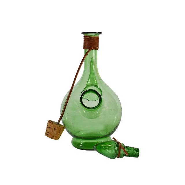 Vintage Hand Blown Italian Green Glass Wine Decanter Carafe With Ice