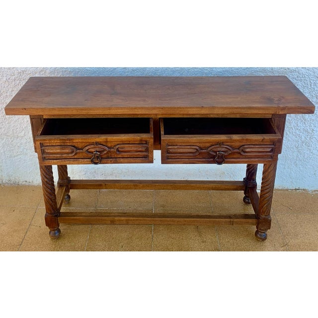 Vintage Carved Walnut Console Table with Solomonic Legs and Two Drawers, 1940s For Sale - Image 13 of 15