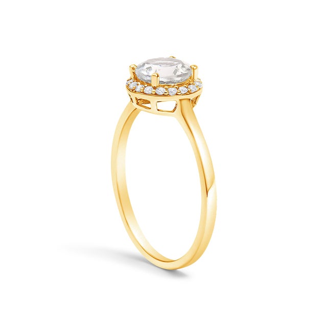 10K Yellow Gold White Topaz and 1/10 Cttw Diamond Halo Ring For Sale - Image 4 of 7