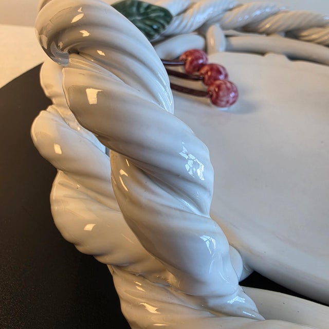 White Large 12" Vintage Portuguese Hand-Woven Ceramic Centerpiece Basket With Cherries For Sale - Image 8 of 10