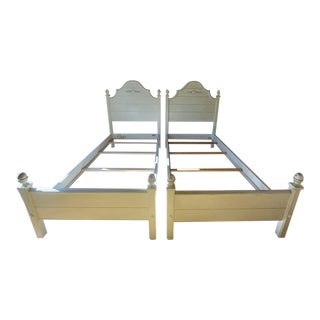 A Set / Pair of Ethan Allen French Farmhouse Country Cottage Twin Bed Frames For Sale
