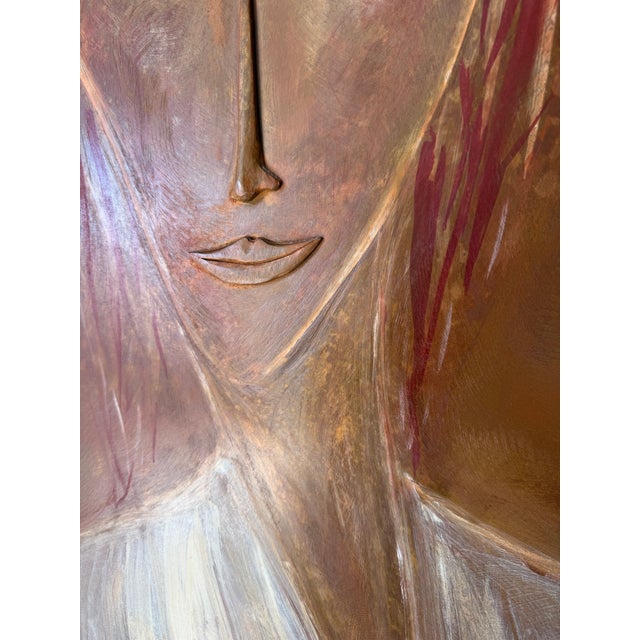 Brown Vintage Mixed Media Metal Female Portrait Wall Art – Sculptural Painted Panel For Sale - Image 8 of 12