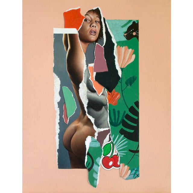 RemixD-6 (Peach Tea) by Grant Gilsdorf | Oil on ACM collage of a figure and floral elements For Sale