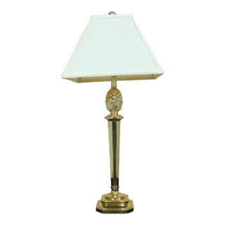 1990s Pine Cone Top Brass Column Lamp W/ Shade For Sale